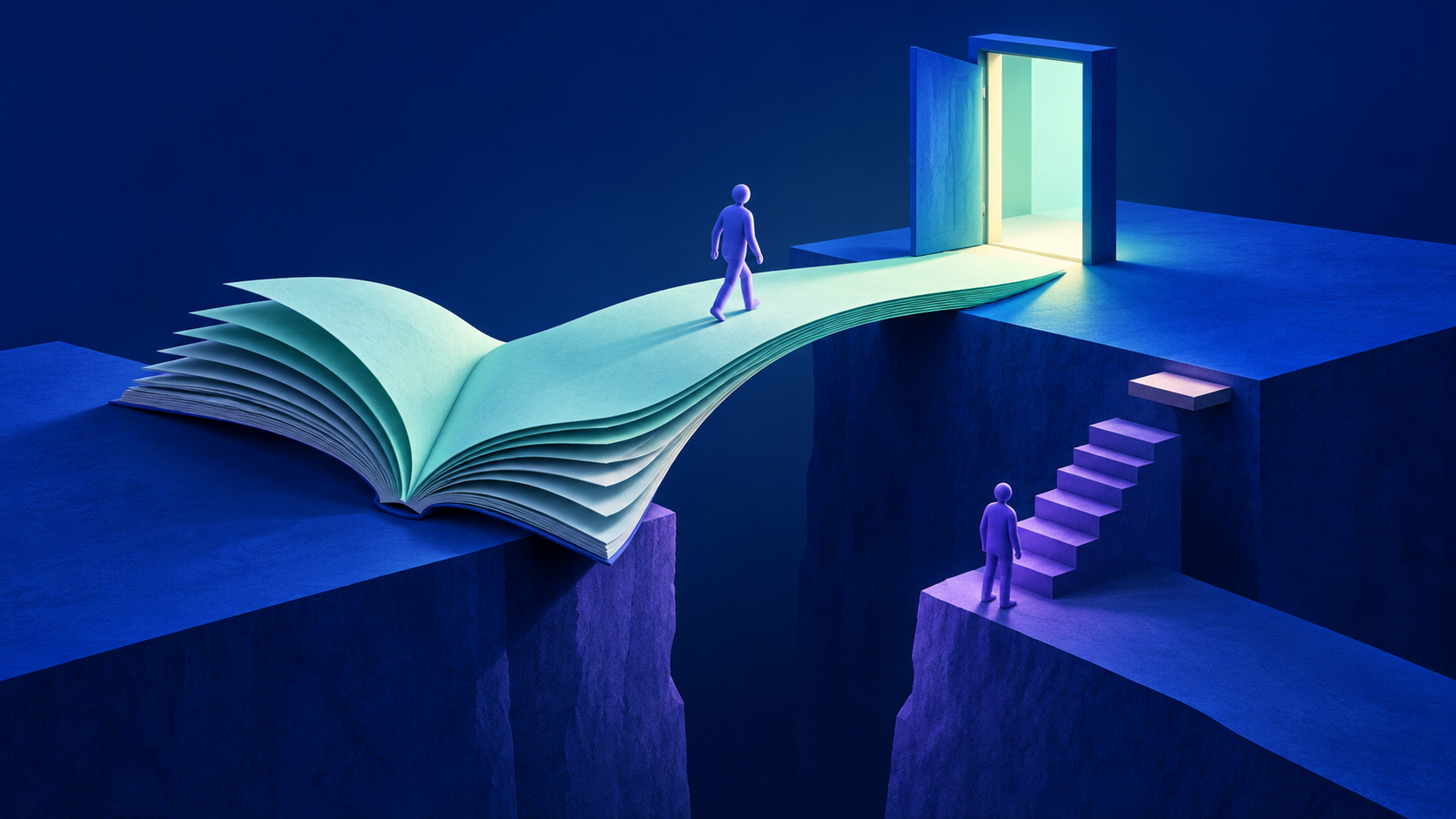 An open book forms a teal bridge across a deep gap to a glowing doorway on a cobalt platform. One violet figure crosses the pages; another stands on a lower ledge beside purple stairs with a gap near the top.