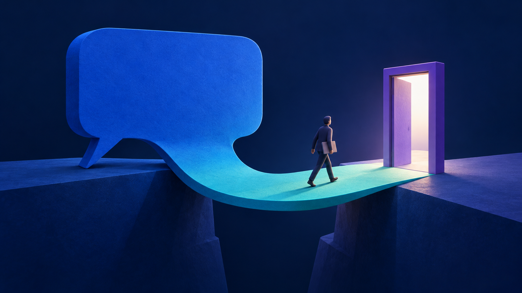 A large blank blue speech bubble unfolds into a teal bridge across a dark gap. A stylized person carrying a portfolio walks toward an illuminated open violet doorway against a midnight-blue background.