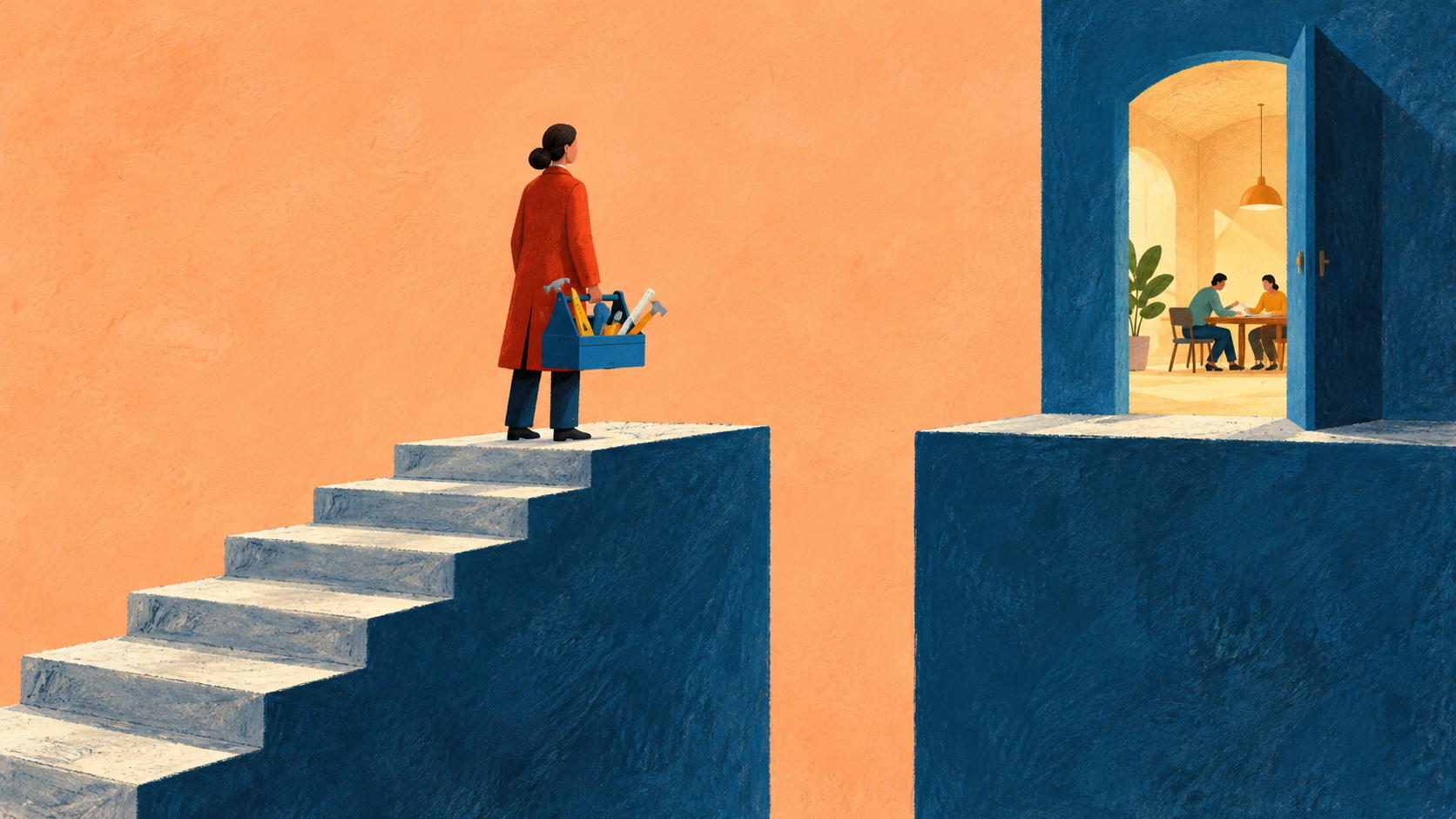 Textured illustration of a person in a red coat holding a blue toolbox atop stairs. A gap separates the stairs from an open blue doorway, where two people sit at a table in a warm yellow room, against a peach background.