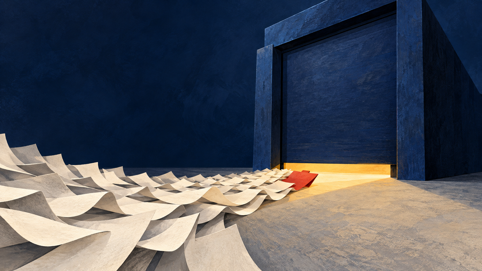 Textured illustration of blank ivory sheets flowing toward a nearly closed indigo shutter. A red folder rests near the threshold, where amber light spills through the narrow opening onto a pale floor.