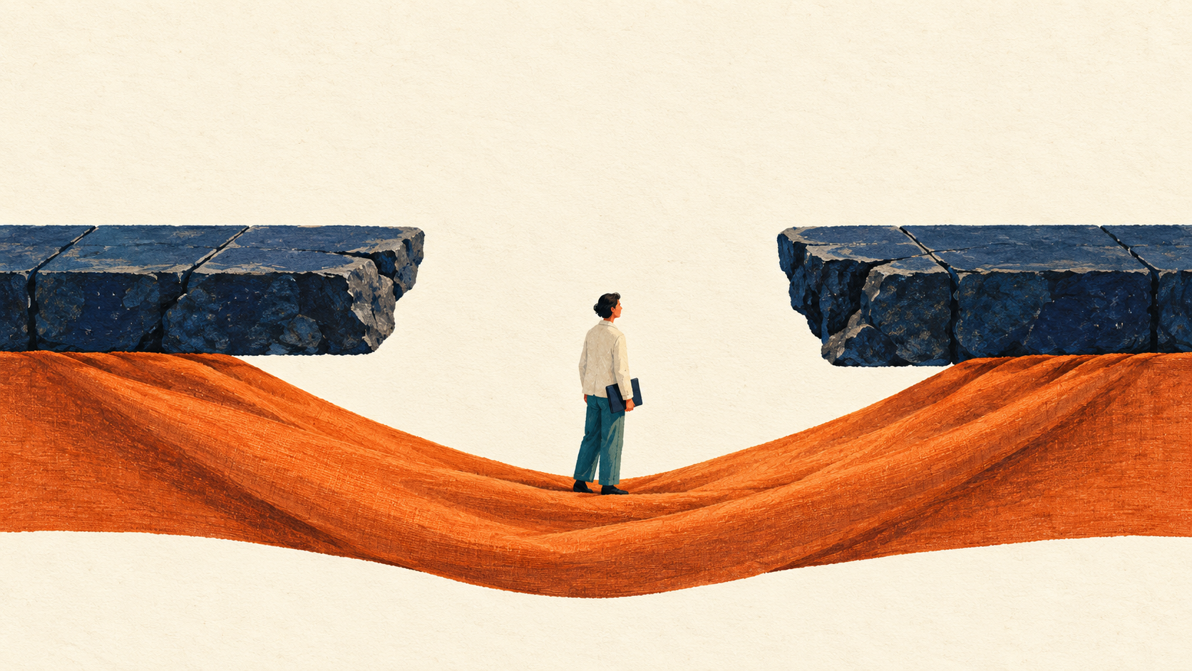 A person holding a dark folder stands on a sagging orange fabric band beneath a wide gap in a dark blue stone path, against a textured ivory background.