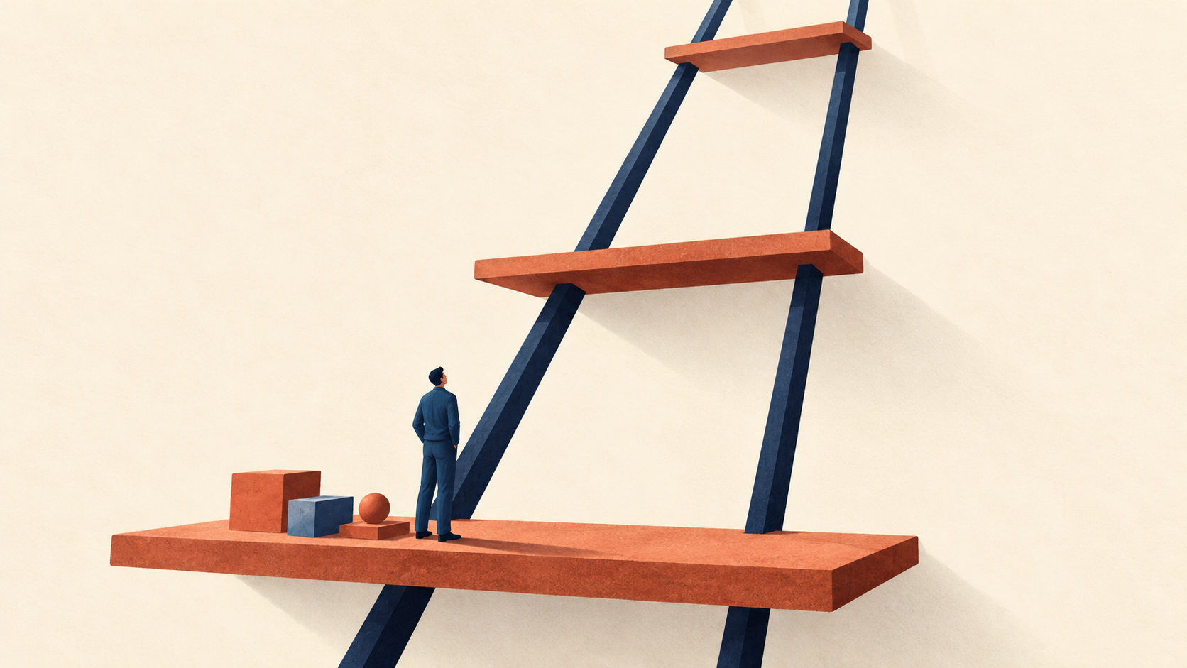 A figure in blue stands beside blocks and a sphere on a broad terracotta ladder rung. Two narrower rungs sit far above between dark blue rails against an ivory background.