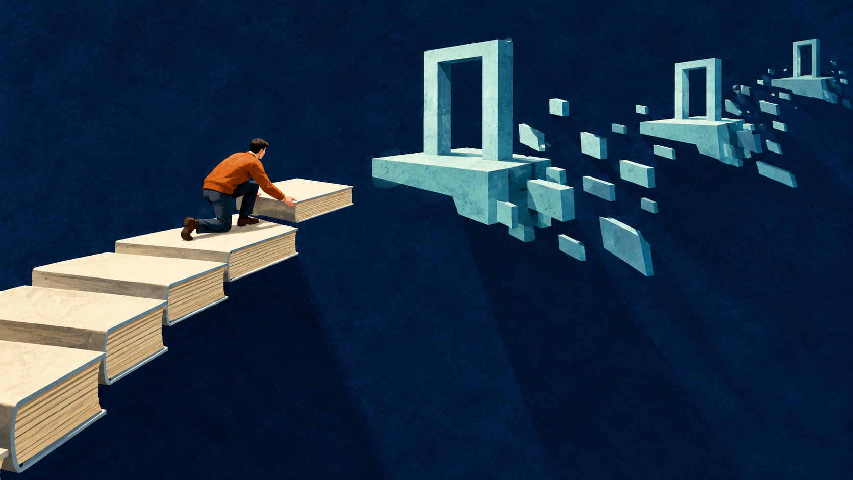 A person in an orange sweater extends a bridge of blank cream books toward three turquoise doorways on fragmenting platforms that recede across a textured midnight-blue background.