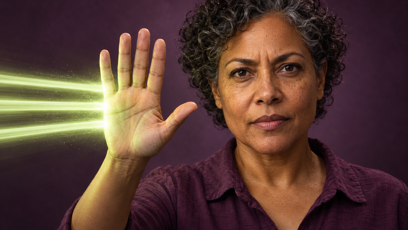 Photorealistic illustration of a woman with graying curls and a plum shirt looking steadily at the viewer, her open palm raised. Three pale green light streaks meet her hand from the left against a dark purple background.