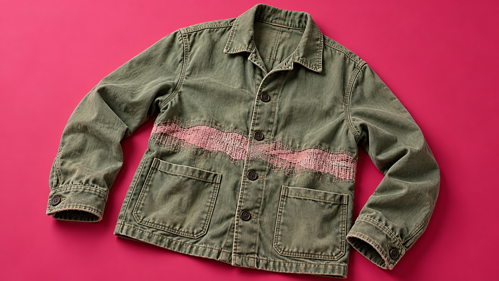 Photorealistic illustration of a worn olive-green work jacket on a raspberry-pink surface. An uneven band of pale pink darning crosses its buttoned torso above two pockets.